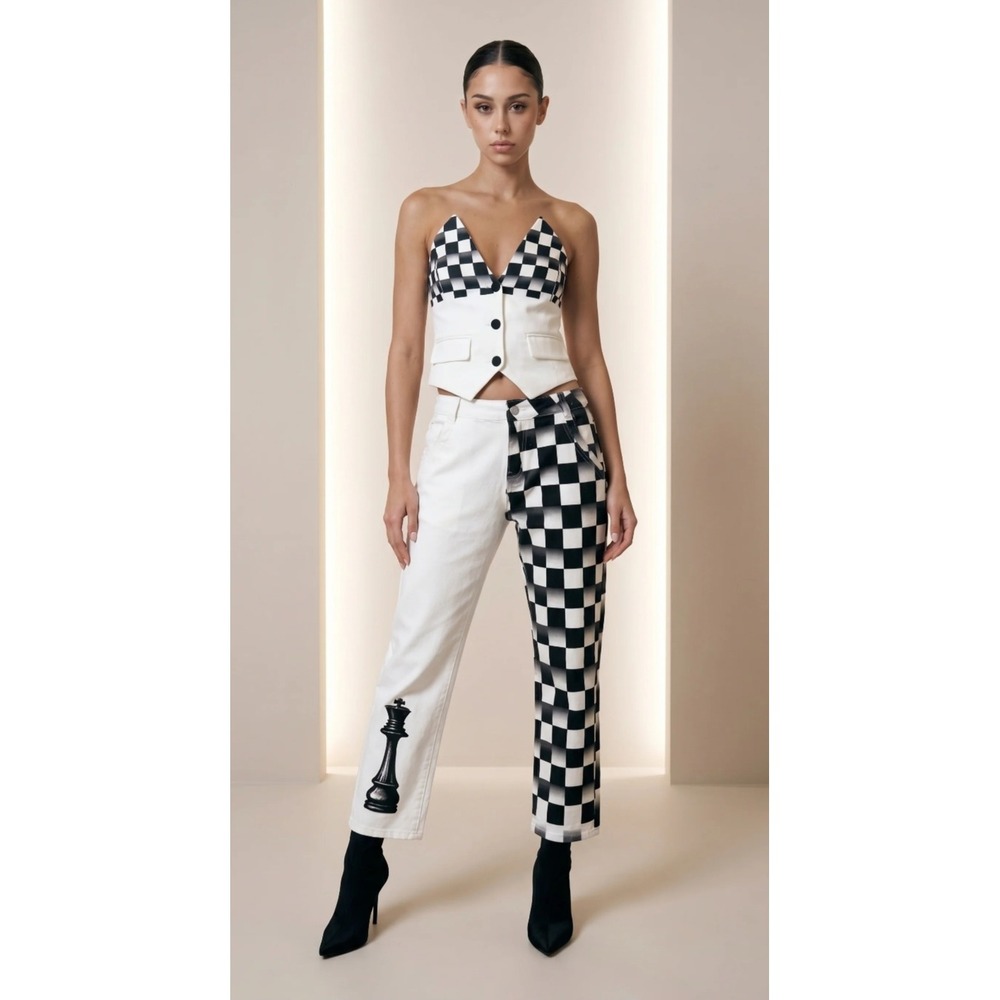 Love McNicoll Allegra Vest XS Black White Checkerboard Crop Vest NWT Fall 2024